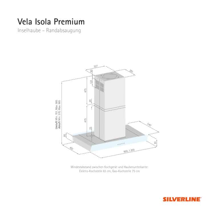 Maßzeichnung Vela Isola Premium Mindestabstand zwischen Kochgerät und Haubenunterkante: Elektro-Kochstelle 65 cm, Gas-Kochstelle 75 cm