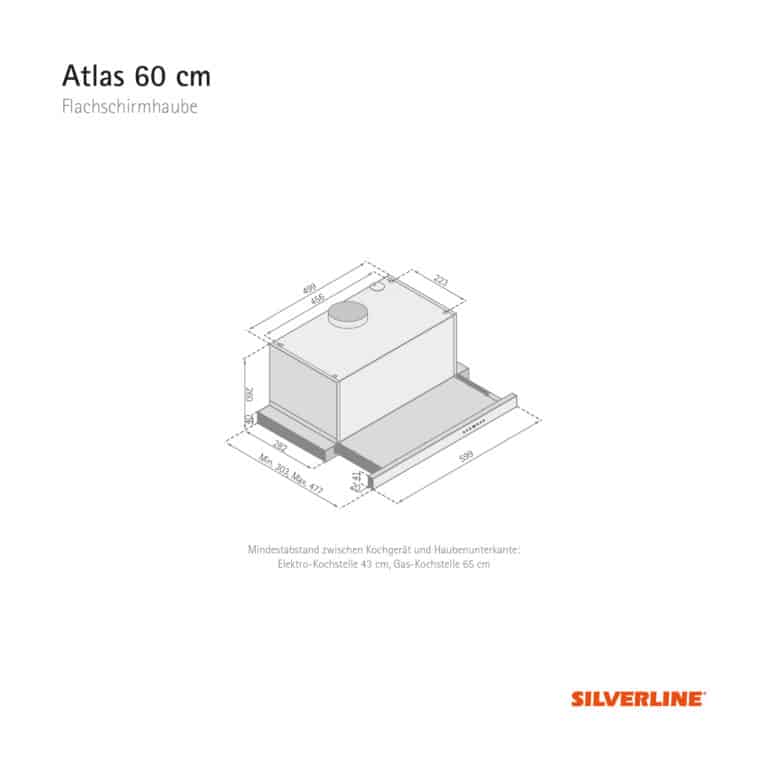 Maßzeichnung Atlas 60 cm Mindestabstand zwischen Kochgerät und Haubenunterkante: Elektro-Kochstelle 43 cm, Gas-Kochstelle 65 cm