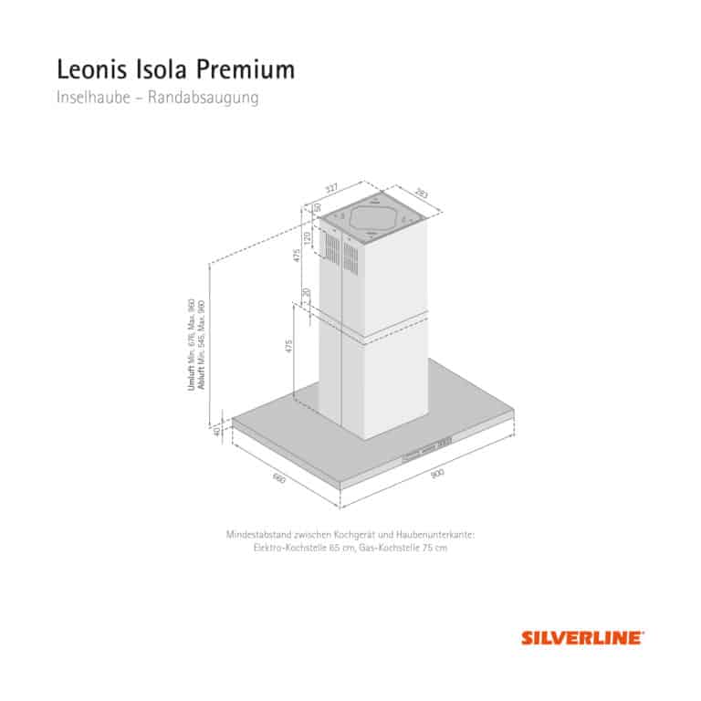 Maßzeichnung Leonis Isola Premium Mindestabstand zwischen Kochgerät und Haubenunterkante: Elektro-Kochstelle 65 cm, Gas-Kochstelle 75 cm