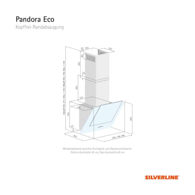 Maßzeichnung Pandora Eco Mindestabstand zwischen Kochgerät und Haubenunterkante: Elektro-Kochstelle 45 cm, Gas-Kochstelle 65 cm