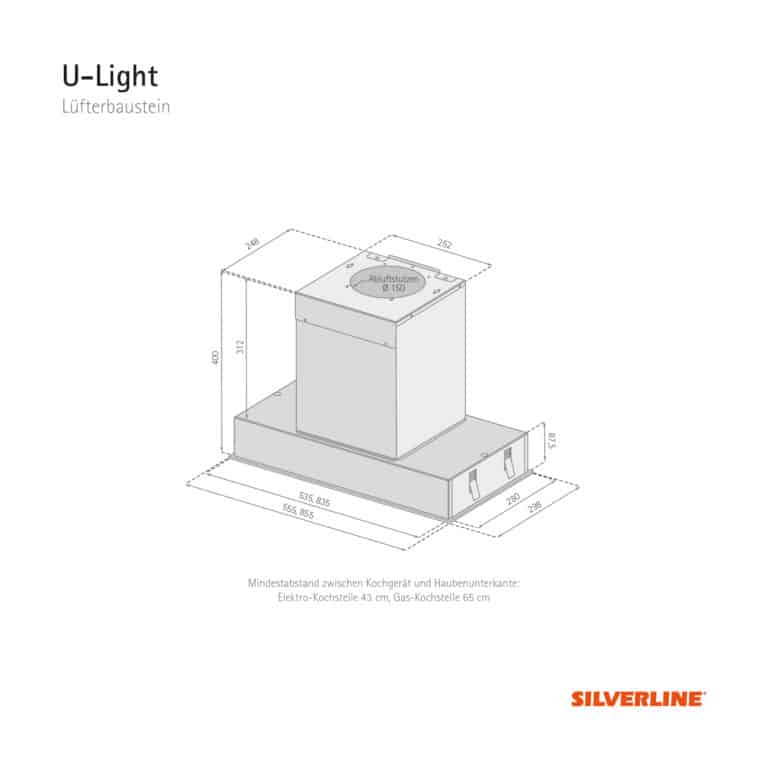 Maßzeichung U-Light Mindestabstand zwischen Kochgerät und Haubenunterkante: Elektro-Kochstelle 43 cm, Gas-Kochstelle 65 cm