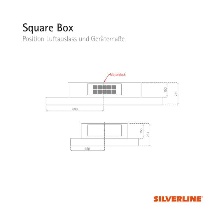 Position Luftauslass und Gerätemaße Square Box